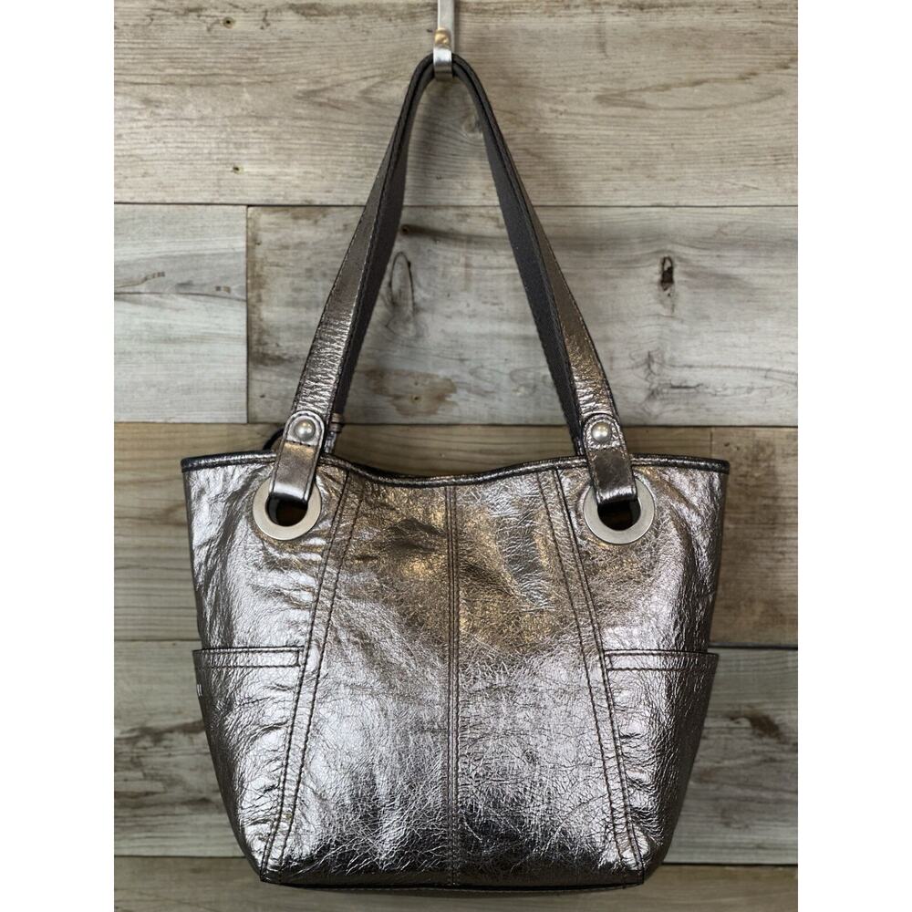 FOSSIL Long Live Vintage Silver Metallic Distressed Leather Hathaway Tote Bag - Picture 2 of 8